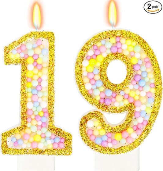 19th Birthday Candle for Cake, Colorful Macaron Numeral Candles for Boys/Girls, Birthday Party Cake Decorations, Golden Cake Topper for Birthday Party Supplies (Number 19)