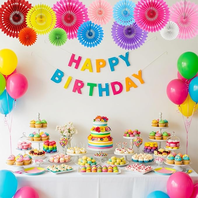 BEISHIDA Rainbow Tissue Hanging Honeycomb Round Paper Fans Decoration Set for Birthday Bridal Baby Shower Bachelorette Wedding Photo Booth Backdrops Anniversary Paper Party Supplies(12 Packs)
