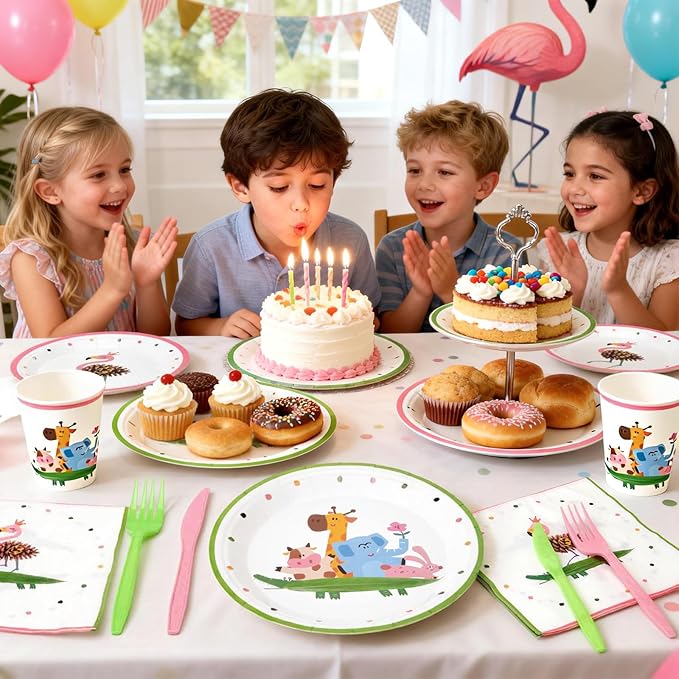 144Pcs Flamingo Animals Birthday Party Supplies Decorations Animal Themed Paper Plates Napkins Vintage Party Tableware Disposable Dinnerware for Girl Kid Birthday Baby Shower Table Decor, Serve 24
