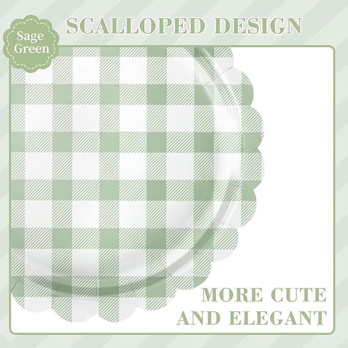 Oigco 50 Pcs Sage Green Gingham Party Supplies, Sage Green Disposable Scalloped Plates and Napkins for Wedding Bridal Shower Birthday Baby Shower, Serves 25