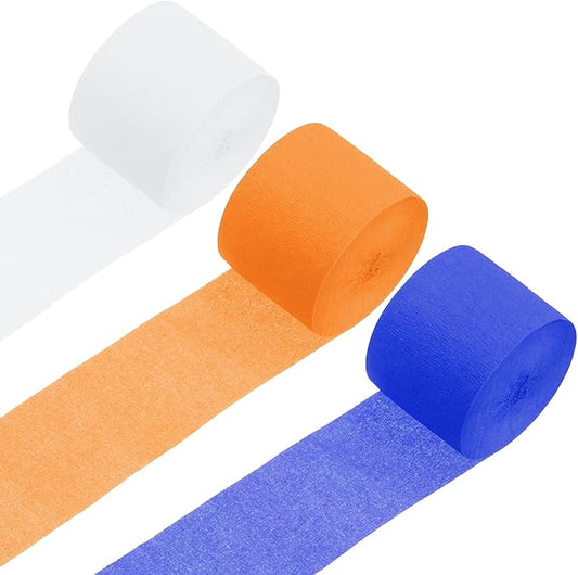 MECCANIXITY 3 Roll 246 ft Crepe Paper Streamers, Wedding Decoration Streamers Party Decoration for Wedding Valentine's Day Festival Backdrop, Blue,Orange,White