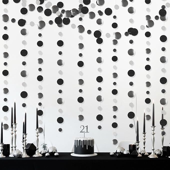 Outus 5 Pieces Black,Silver Round Dots Garland Graduation Party Hanging Decor Each Length 13.1ft Glitter Paper Dot Streamers for Birthday Wedding Classroom Supplies
