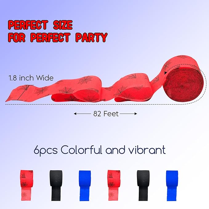 Black Red Blue Crepe Paper Streamers Party Decorations 6 Rolls 492ft Spider Crepe Paper Streamers for Spider Theme Party Baby Shower Graduation Wedding DIY Backdrop 1.8 Inch x 82 Ft/Roll