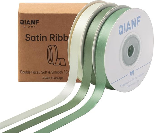 QIANF Sage Green Double Face Satin Ribbon 3/8 Inch x 45 Yards Moss Green Cream Fabric Ribbon for Gift Wrapping, Flower Bouquets, Bows Making, Wedding Decoration, Invitations, Christmas (3 Rolls *15Yd)