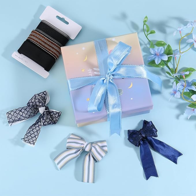 BEEFLYING 3 Styles Blue Wire Edged Ribbons for Gift Wrapping, 25~28mm×2.7m Satin Ribbons Stripe Ribbons for Wedding Party Decoration Hair Bows Flower Designs Sewing and Craft, 9 Yards