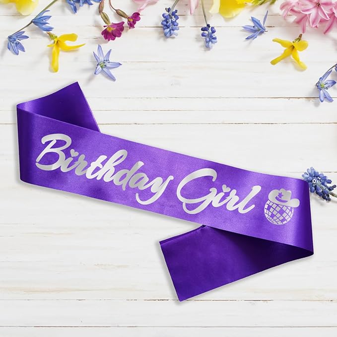 Birthday Girl Sash, Disco Cow Birthday Sash for Cowgirl Funny Birthday Gift Ideas Suppiles, Purple+ Silver Foil