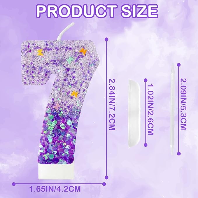 Purple Sequin Birthday Candles, Cake Number Candles, Girls 0th Birthday Decorations, Suitable for Birthday Parties, Anniversary Party Decorations(7)