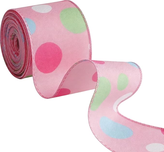 Meseey 2.5 Inch x 10 Yards Pastel Polka Dot Wired Ribbon, Colorful Dot Wired Edge Ribbon for Easter Wreaths, Gift Wrapping, Easter Baskets, Crafts, Spring Party Decorations