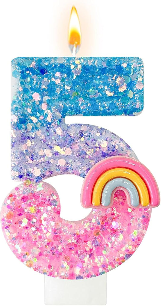 Rainbow Birthday Number Candles, Number 5 Candles, Cupcake Decorations, Macaron Birthday Cake Decorations, Cartoon Theme Party Supplies (Number 5)