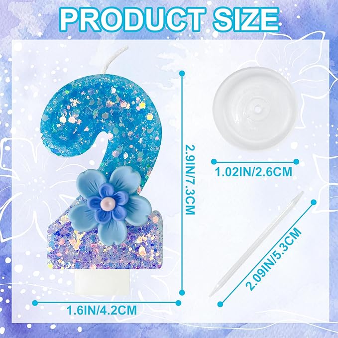 Blue Purple Flower Birthday Number Candles, Flower Theme Party Decorations, Cupcake Decorations, Suitable for Party Celebrations, Boys and Girls Birthday Decorations（2）