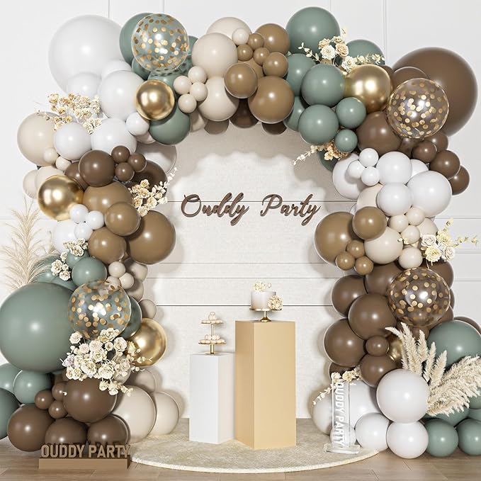 Ouddy Party Dusty Green Nude Balloons Garland Arch Kit, Different Sizes 18 12 10 5 Inch Sage Green Brown White Sand Beige Cream Latex Confetti Balloon for Neutral Baby Shower Birthday Party Decoration