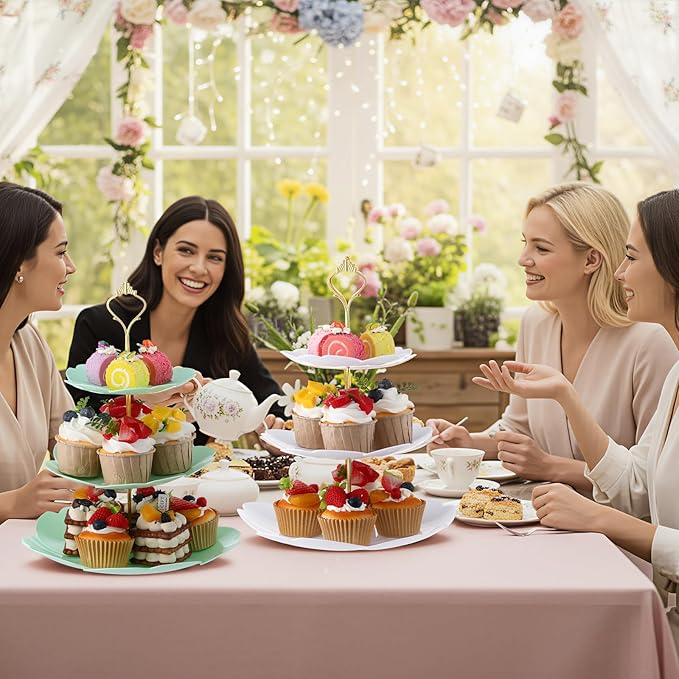 3 Sets Tea Party Decorations of 3 Tier Wedding Plastic Dessert Table Display Set Cupcake Stand Dessert Plates Cake Candy Display Tower Wedding Birthday Baby Shower Tea Party Decoration