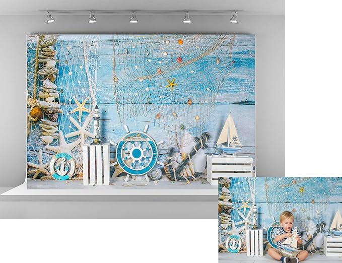 Kate 7x5ft Nautical Vintage Coastal Ocean Theme Backdrops for Photography with Starfish Anchor Sailboat Blue Wooden Wall Photo Background for Birthday Party Baby Shower Photo Booth Studio Props