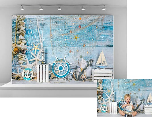 Kate 7x5ft Nautical Vintage Coastal Ocean Theme Backdrops for Photography with Starfish Anchor Sailboat Blue Wooden Wall Photo Background for Birthday Party Baby Shower Photo Booth Studio Props