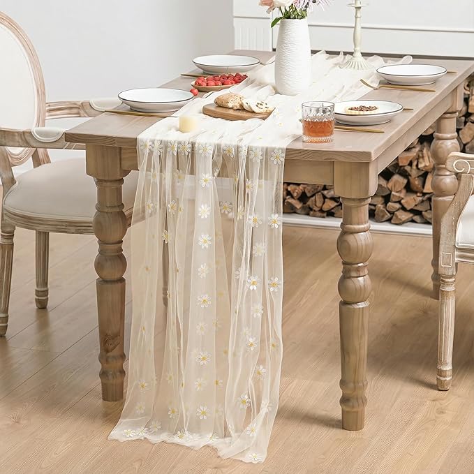 Horaldaily Champagne Embroidery Daisy Spring Summer Gauze Tablecloth 60×120 Inch Rectangular, Seasonal Tulle Table Cover, Garden Party Decorations for Wedding, Party, Holiday Dining