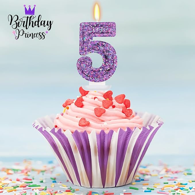 Deep Purple Glitter Birthday Candles for Girls - Number 5 Candle Cake Topper for Purple Fairy Birthday Party Decorations