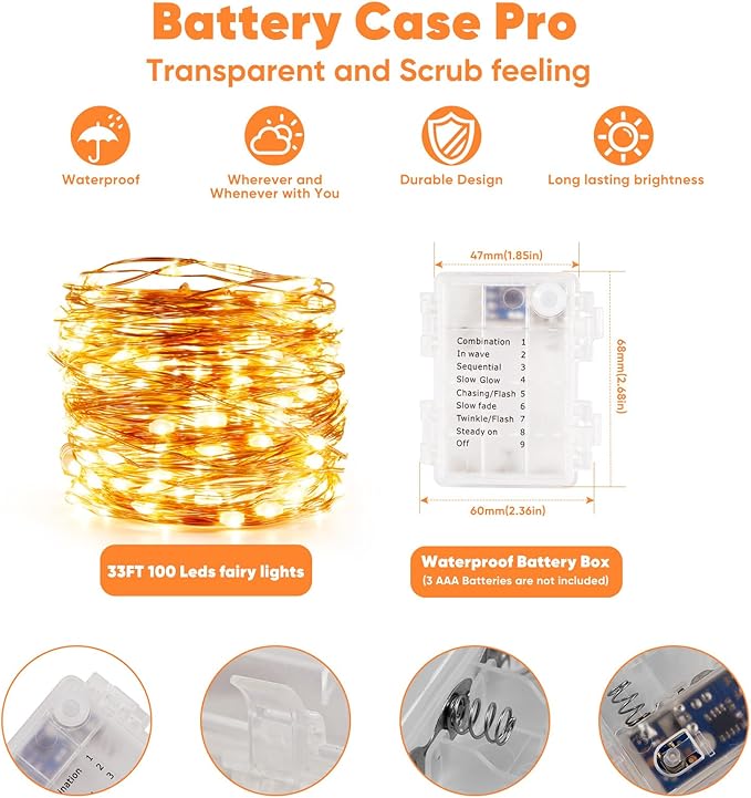 Ariceleo 4 Pack 32.8 Ft. Battery Operated Outdoor String Lights with Remote & Timer, LED Warm White Fairy Lights, Waterproof Twinkle Lights for Bedroom, Dorm, Mason Jar, Wedding, Party, Christmas