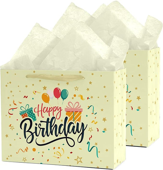 Febbleshow Yellow Birthday Gift Bags with Tissue Paper for Boys Girls Kids Baby Shower - Matte Finish with Colorful Balloon Gift Bag - 13"x10.3"x4.7" (Pack of 2)