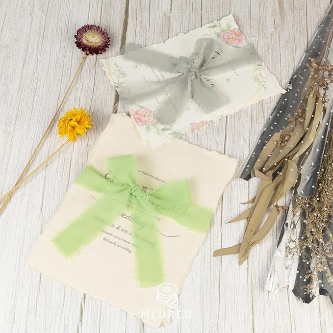 Sage Green Chiffon Ribbon 1 Inch x 21Yds Handmade Fringe Chiffon Silk Ribbon Sage Green/Desert Sage/Cream Frayed Chiffon Ribbon for Wedding Invitation Flower Bouquets Bridal Shower Gift Wrapping