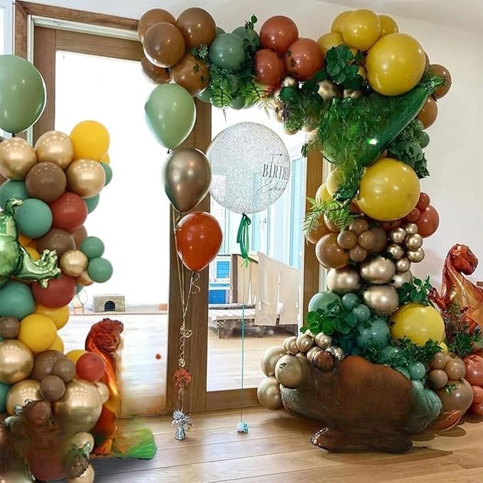 Dinosaur Balloon Arch, Dinosaur Balloon Garland Kit, Retro Green Orange Brown Balloons with Dinosaurs Foil Balloon for Dino Themed Party Decorations Jungle Safari Birthday Party Supplies