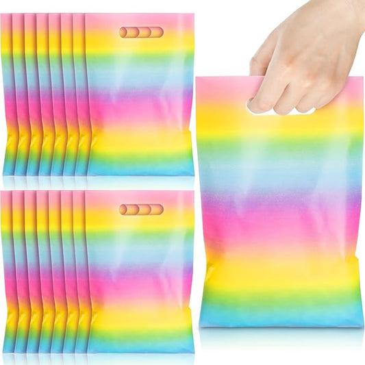 Epakh 100 Pcs Pastel Rainbow Gift Bags Bulk Plastic Summer Party favor Bags with Handles Colorful Candy Treat Goody Packing for Birthday Baby Shower Party Supplies