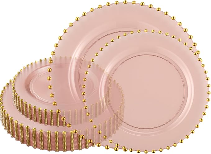 PLASTICPRO 64 Piece Combo Plastic Dinner Plates Disposable Plastic Fancy Heavy Duty Party Dishes 7 inch and 10 inch, Translucent Rose and Gold Beaded