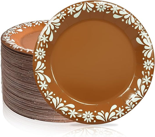 AerWo 100 Pcs Platos De Barro Mexicanos, Disposable Paper Plates 9 Inch, Mexican Plates Disposable Set for Taco Night, Birthday, Wedding, Cinco De Mayo, Mexican Party Decorations