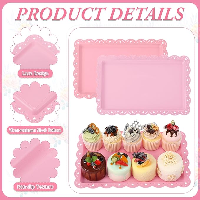 3 Pcs Pink Serving Trays Plastic Platters Dessert Cupcake Holder Party Supplies 14.4 x 9.3 Inches Rectangular Cookie Snack Display Tray for Wedding Restaurant