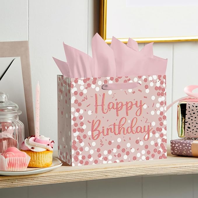 Horaldaily Large Birthday Gift Paper Bags with Tissue Paper and Card (1Pcs，Pink)