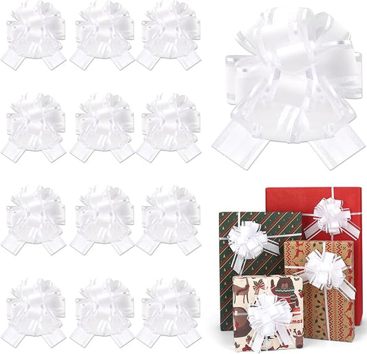 12 Pcs White Gift Bow Pull Bows for Gift Warpping Christmas Warp Ribbon Bow Party Birthday Wedding Solid Bows for Bikes Anniversary Boxes Flower Decorations Valentine's Day (White-E)