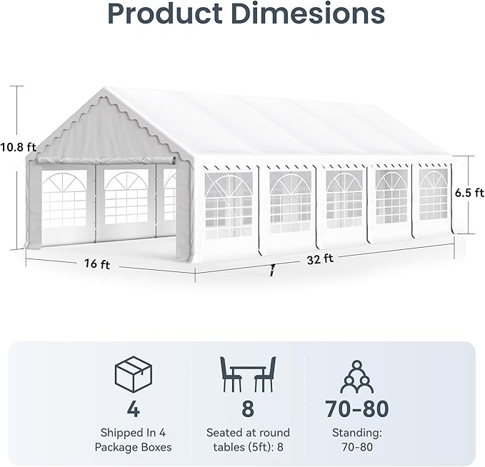 PHI VILLA 16x32 Outdoor Heavy Duty Party Tent, Large Party Canopy Wedding Event Tent with Removable Sidewalls & 4 Storage Bags for Patio Outdoor Garden Events, White