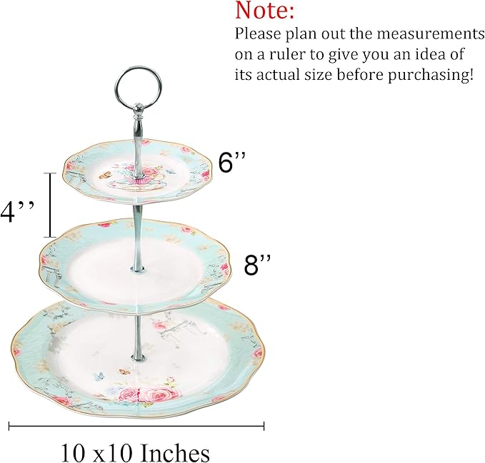 Jusalpha Light Blue 3-tier Ceramic Cake Stand- Cupcake Stand- Tea Party Pastry Serving Platter Comes In a Gift Box- Free Sugar Tong (FD-QD3T)