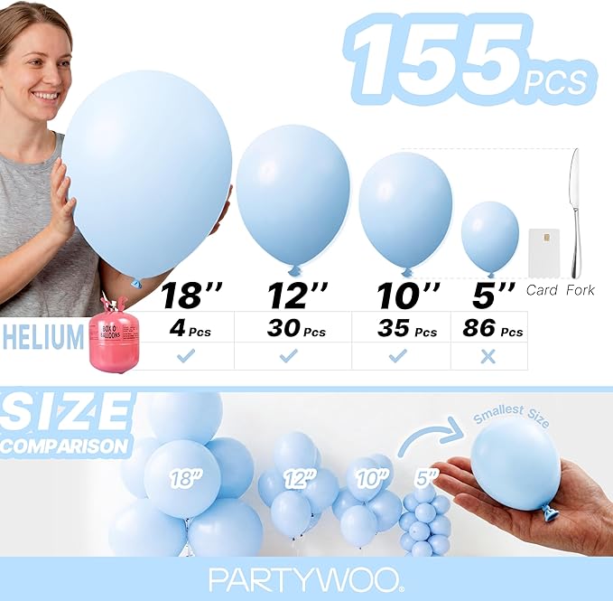 PartyWoo Baby Blue Balloons 155pcs Different Sizes of 18 12 10 5 Inch Light Pastel Sky Aqua Blue Balloon Arch Kit Garland for Graduation Baby Shower Gender Reveal Easter Party Decorations Blue-Q13