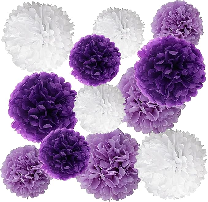 ZOOYOO Purple White Lavender Paper Pom Poms for Women Girl Birthday Party Anniversary Engagement Bridal Shower Ceiling Hanging Tissue Flowers Decorations 12PCS