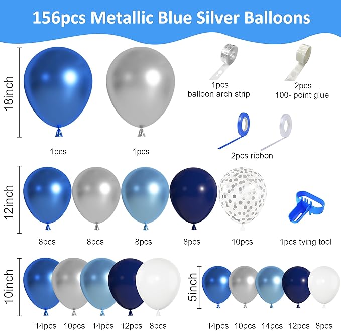 Ouddy Life 156Pcs Blue Silver Balloons Garland Arch Kit, Navy Royal Metallic Light Blue Silver White Confetti Balloon for Birthday Wedding Baby Shower Birdal Graduation Retirement Party Decorations