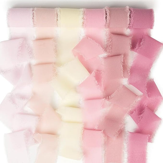 Pink Chiffon Ribbon 1 Inch x 3Yds Pastel Pink/Peach/Cream/Blushing Rose/Dusty Rose/Rosy Mauve Handmade Fringe Chiffon Silk Ribbon for Wedding Invitation Flower Bouquets Gift Wrapping Bridal Shower