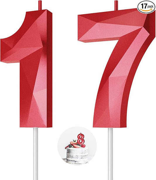Number Birthday Candles(17 Candle Red) 3D Diamond Shape Number Happy Birthday Cake Candles for Birthday Party Wedding Decoration Reunions Theme Party
