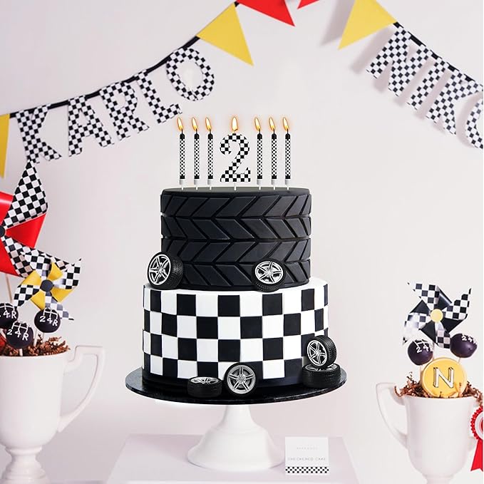 13 Pcs Racing Cars Themed Birthday Candles, Black and White Checkered Birthday Cake Candles, Numeral 2Candle Wheel Tire for Racing Car Party Decoration Theme Party Supplies