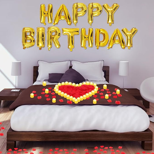 Red and Gold Happy Birthday Balloons Decorations Happy Birthday Letter Balloons Banner with 24pcs Flameless LED Candles and 2000pcs Artificial Rose Petals for Women Men Room Party Decorr