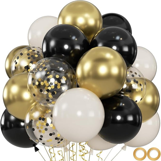 60pcs Black Gold and White Balloons, 12" Sand White and Gold Confetti Balloons for Class of 2026 Graduation, Father’s Day, 30th 40th 50th Birthday Party Decoration (66FT Ribbons)