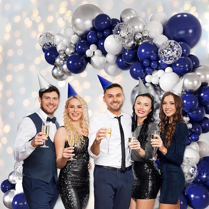 147pcs Navy Blue and Silver Balloon Garland Arch Kit, 18 12 10 5 inch Royal Blue Metallic Silver White Balloons for Birthday Baby Shower Bachelorette Wedding Graduation Party Decorations