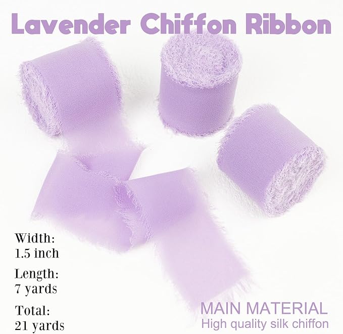 Lavender Chiffon Ribbon - 1-1/2 Inch x 21 Yards, Handmade Fringe, Lilac Chiffon Silk, Boho Frayed, Light Purple for Wedding Invitation, Bridal Flower Bouquets, Gift Wrapping