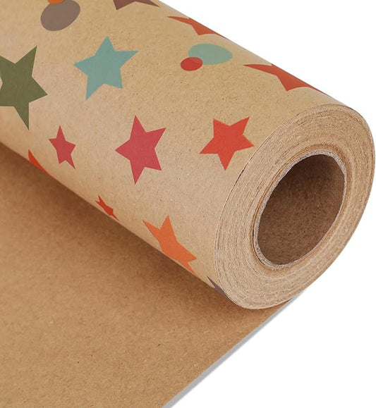 NESCCI Birthday Wrapping Paper,Gift Wrapping Paper Roll,Kraft Wrapping Paper-17 inch X 32.8 Feet Per roll,Colorful Stars Pattern For Boys Girls, Perfect For Birthday Party, Baby Shower
