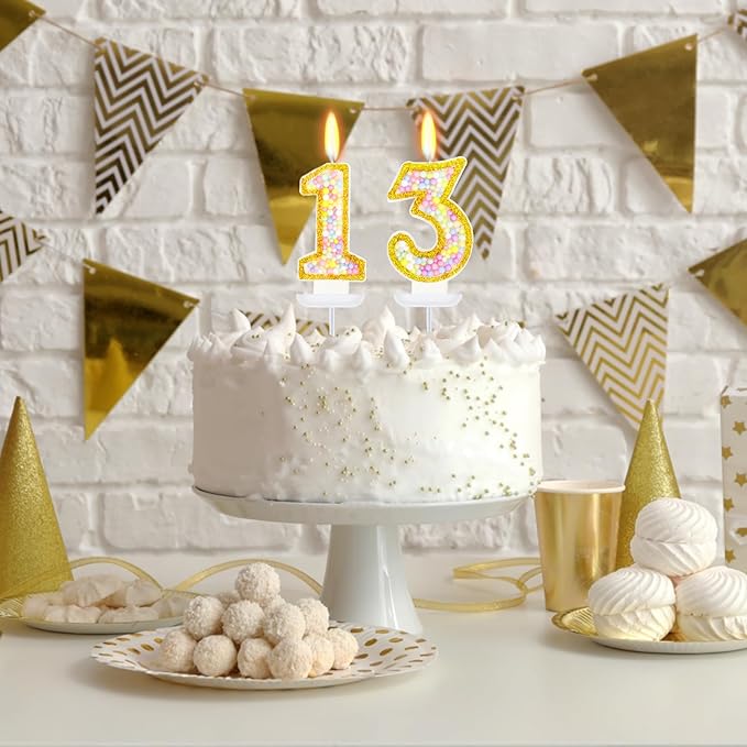 13th Birthday Candle for Cake, Colorful Macaron Numeral Candles for Boys/Girls, Birthday Party Cake Decorations, Golden Cake Topper for Birthday Party Supplies (Number 13)