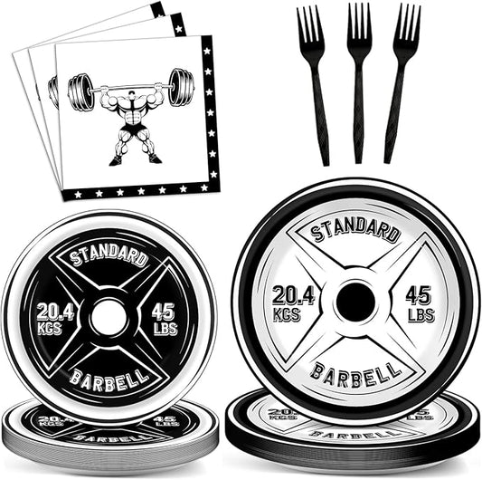 OBUSATT 96 Pcs Gym Birthday Party Supplies Bodybuilder Theme Paper Plates Weightlifting Party Plates and Napkins Forks Barbell Birthday Decorations for Gym Lovers and Weight Lifters Serves 24