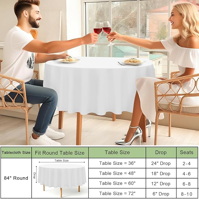 misaya 4 Packs Disposable Plastic Table Cloth, 84" Round Waterproof Tablecloth, Leakproof & Sturdy Decorative Table Covers for Picnic, Party and Outdoor, White