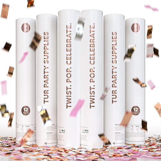 6 Pack Rose Gold Confetti Cannon Confetti Poppers | TUR Party Supplies | Giant (12 in) | Party Poppers for Weddings, Bachelorette Parties, Birthdays, & Valentines Day