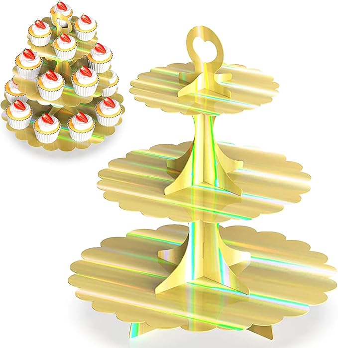 2-Pack 3-Tier Cupcake Stand,Rainbow Gold Cake Tower,Dessert Cupcakes Cardboard Display Holder for Weddings & Parties & Birthday Decoration Supplies（Laser）