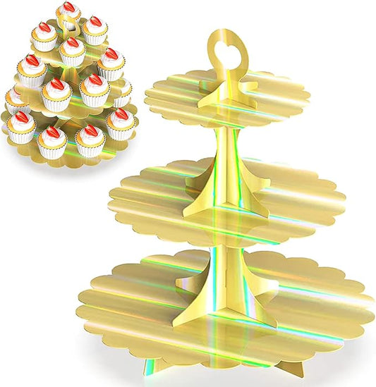 2-Pack 3-Tier Cupcake Stand,Rainbow Gold Cake Tower,Dessert Cupcakes Cardboard Display Holder for Weddings & Parties & Birthday Decoration Supplies（Laser）