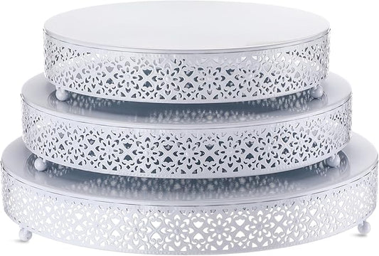 Wenqik 3 Pcs Cake Stand 16'' 14'' 12'' Round Metal Cake Stand Bases Display Holder Cookies Fruit Serving Tray Candy Display Plate Cupcake Dessert Pastry Riser for Wedding Birthday Party (White)
